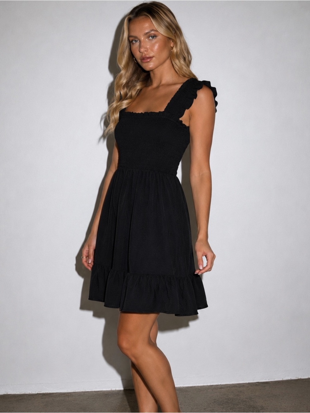 The Pia Smocked Ruffle Strap Mini Dress - Y2K Black